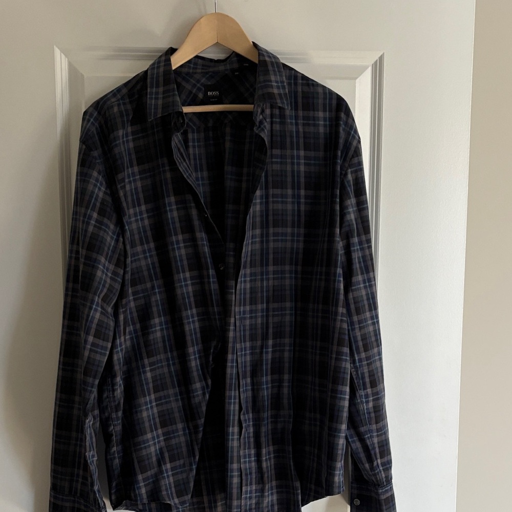 Boss Navy and Gray Plaid Shirt